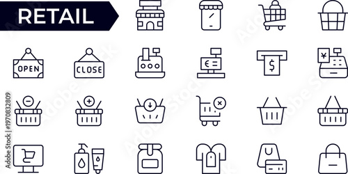 Retail Industry Line Icon Set – Professional Modern Minimalist Outline Icons Collection for Business, Commerce, Shopping and Sales, Premium Quality Vector Illustration
