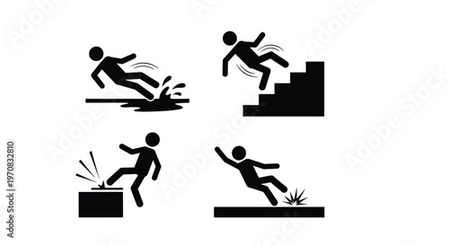 Informative set of black icons depicts various ways a person can slip on a wet floor or fall down a flight of stairs.