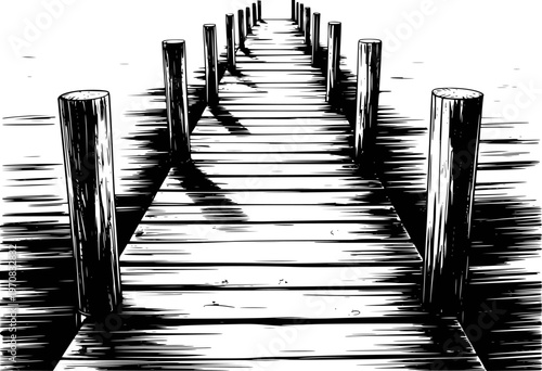 Wooden pier with posts extending into water in a black and white style dock