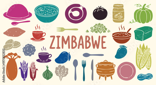African culinary heritage and traditional zimbabwe cuisine featuring national dishes maize and fresh vegetables for authentic local restaurant menu food guide and travel vector illustration