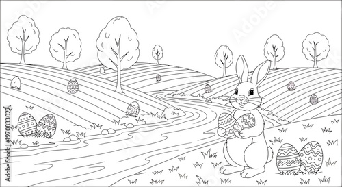 Easter bunny holding egg in countryside landscape.