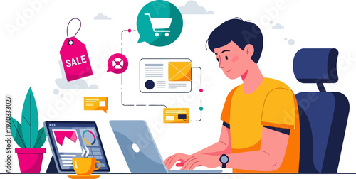 Digital marketer managing online store and e-commerce sales on laptop