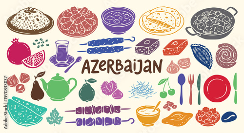 Colorful traditional azerbaijan cuisine icon set featuring national food tea kebab and pomegranate for authentic oriental restaurant menu travel brochure and food blog vector illustration