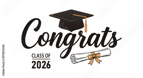 Congrats Class of 2026 Graduation Caps and Diploma Scroll Vector Illustration