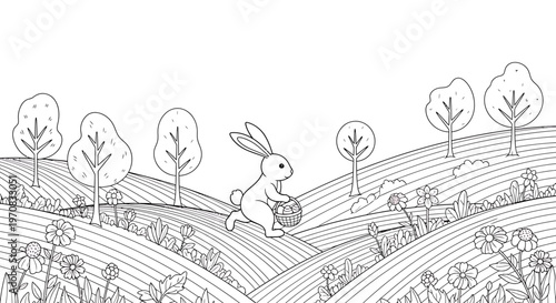 A cute rabbit holding basket running on rolling hills with trees and flowers.