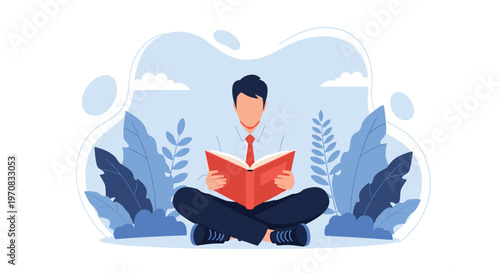 Young man sits in a meditative cross-legged position while reading an open book amidst lush blue tropical foliage.