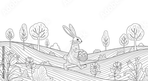 A rabbit holding an egg runs through a field with trees and flowers.