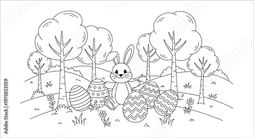 Easter bunny with decorated eggs in forest.