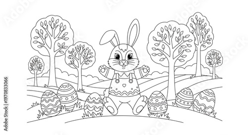 Colorful Easter bunny and eggs in a tree lined landscape for kids.