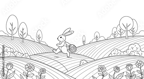 Rabbit running through a countryside landscape.