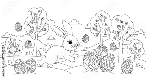 Colorful Easter bunny in garden.