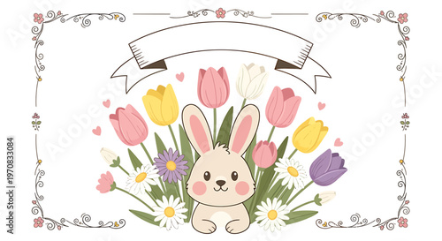 Cute bunny with colorful tulips and flowers.