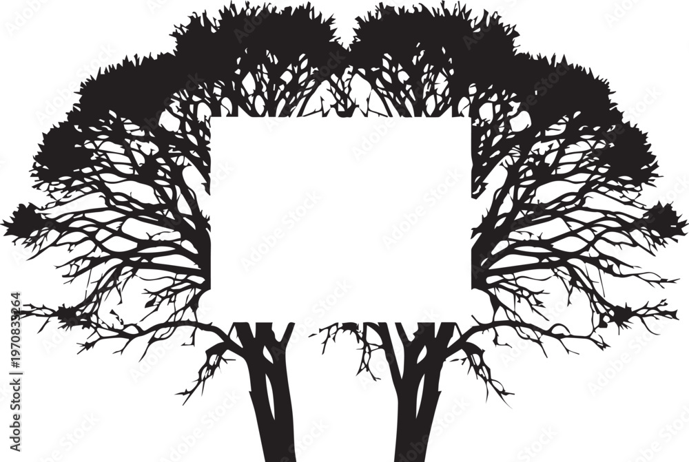 Fototapeta premium Tree Silhouette, Blank Sign, Black and White Illustration, Graphic Design Element, Vector Trees
