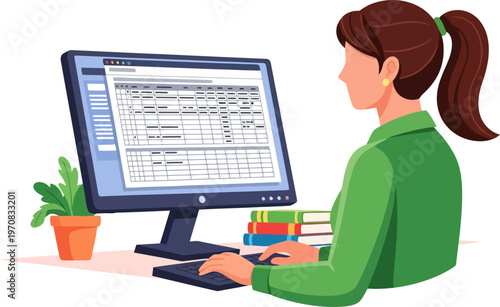 Female employee managing data spreadsheet on desktop computer