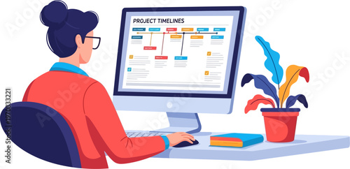 Female manager reviewing project timelines on desktop computer
