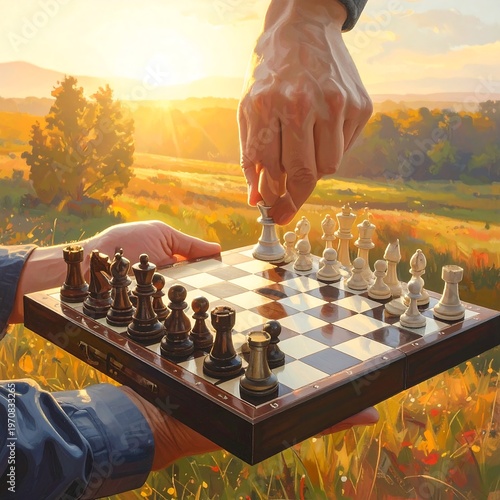 Two people playing chess outdoors at sunset