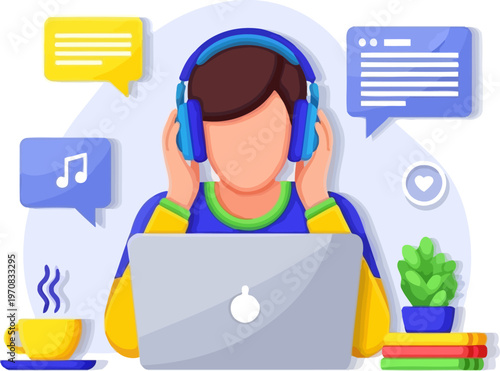 Focused person listening to audio while working on a laptop computer