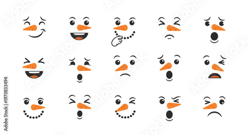 Fun collection of snowman faces shows a wide range of emotions from happy and winking to surprised and sad.