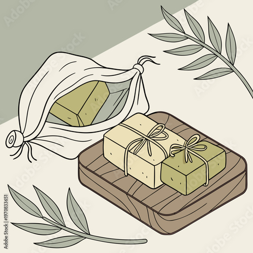 A minimalist illustration of soap bars on a wooden board with leaves
