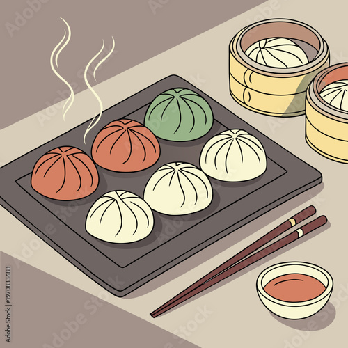 A vector graphic illustration of steamed dumplings on a plate with chopsticks