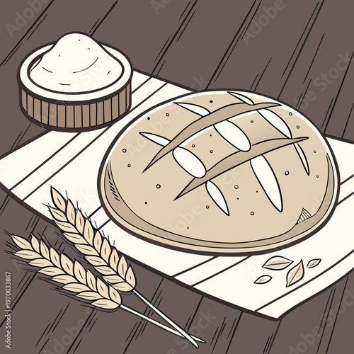 A vector graphic illustration of a loaf of bread with butter and wheat