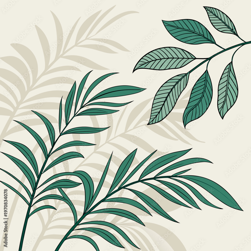 Obraz premium A minimalist vector illustration of green leaves on a beige background