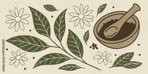 A vector graphic illustration of a mortar and pestle with herbs and flowers