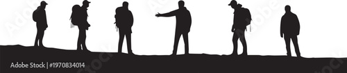 Hiking, adventure, silhouette, people, landscape, outdoor, travel, vector icons