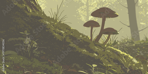 A serene forest scene with mushrooms growing on a mossy hillside