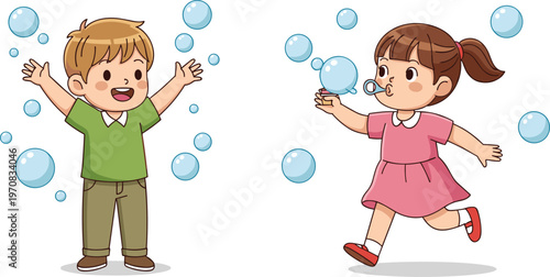 Happy kids playing with bubbles vector illustration cartoon children chasing and enjoying soap bubbles for fun activity childhood lifestyle design