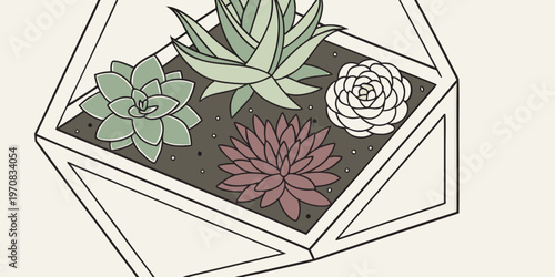 A minimalist vector illustration of succulents in a geometric planter