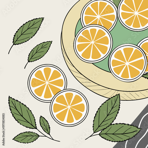 A vibrant illustration of sliced lemons and leaves on a plate