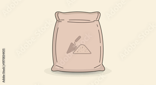 Illustration of a sack of construction material with a trowel and pile of sand icon.