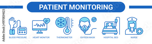 Patient Monitoring web banner icon vector illustration concept with icons of blood pressure, heart monitor, thermometer, oxygen mask, hospital bed, and nurse.