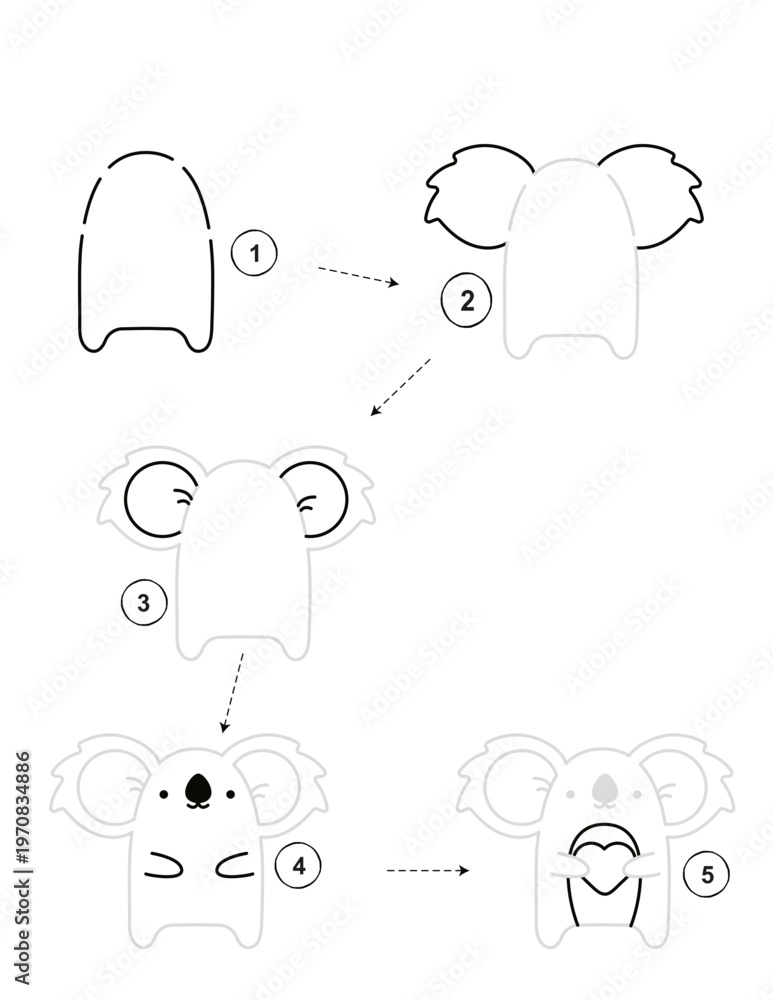 Obraz premium Step by step drawing guide for kids activity to create a koala illustration on transparent background