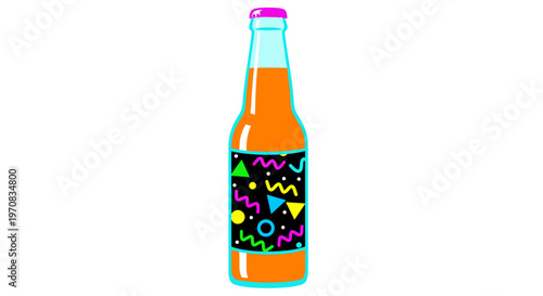 Colorful illustration of an orange soda bottle with a vibrant geometric label design, featuring abstract shapes, on a white background