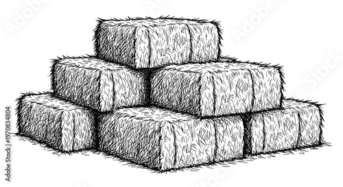 Artistic sketch of hay bales neatly stacked in a pyramid formation, detailed line drawing with textured shading, black and white illustration