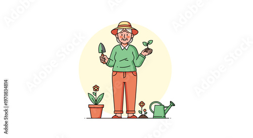 Elderly woman joyfully gardening with potted plants, wearing a straw hat and green sweater, cartoon style illustration on a light background