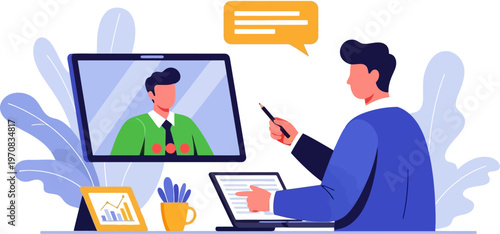 Speaker giving online presentation via video conference screen