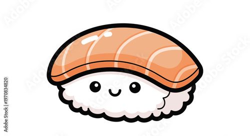 Playful illustration of sushi nigiri with a smiling face, featuring a closeup of cartoon-style salmon topping and rice, set against a white background