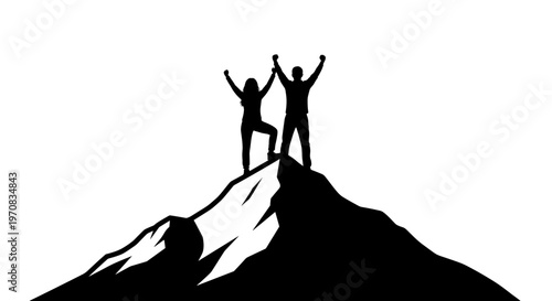 Silhouette of a triumphant couple standing on a mountain top with arms raised, against a stark white background, symbolizing victory and achievement