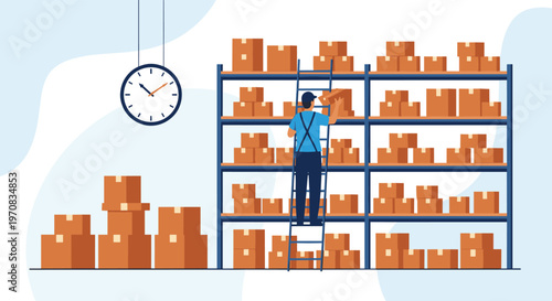 Warehouse employee stands on a ladder to organize cardboard boxes on high shelves next to a large wall clock.