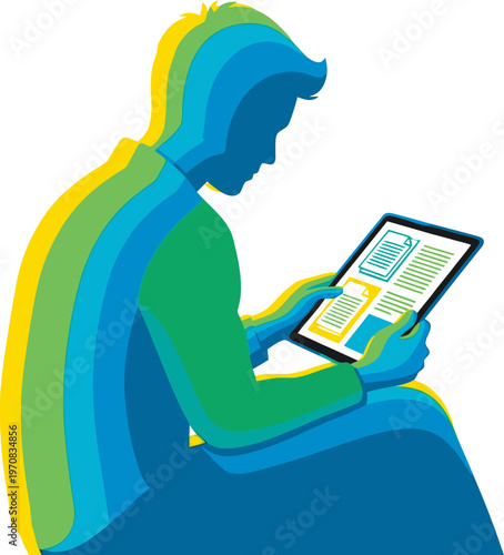 Stylized silhouette figure of a man reading news and articles on a digital tablet