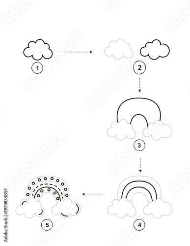 Step by step guide on how to draw a rainbow activity for kids, isolated on transparent background