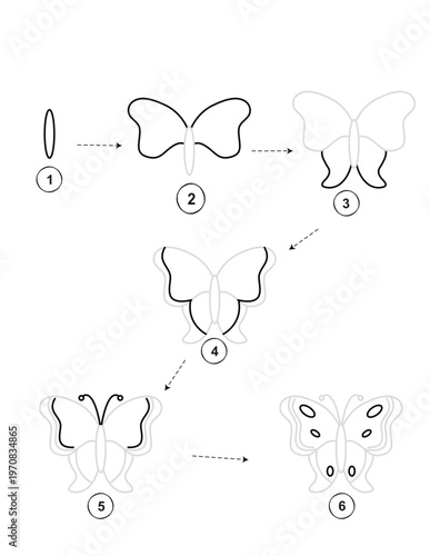 Step-by-step drawing guide for kids activity showing how to draw a butterfly on a transparent background