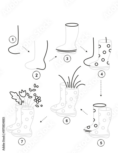Step by step drawing guide for kids activity how to draw rain boots isolated on transparent background