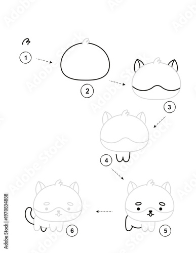 Quadro em tela Step by step drawing guide for kids activity showing how to draw a cute cat char