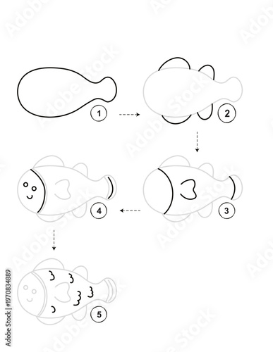 Step by step guide on how to draw a fish for kids activity, isolated transparent PNG