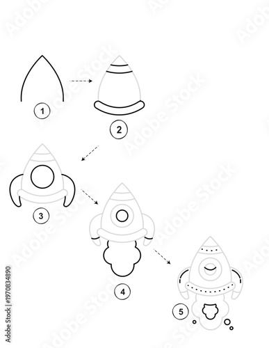 Step by step drawing guide for kids activity on how to draw a rocket, isolated on transparent background