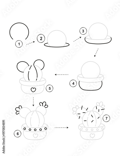 Step by step guide showing how to draw a cute cactus for kids activity